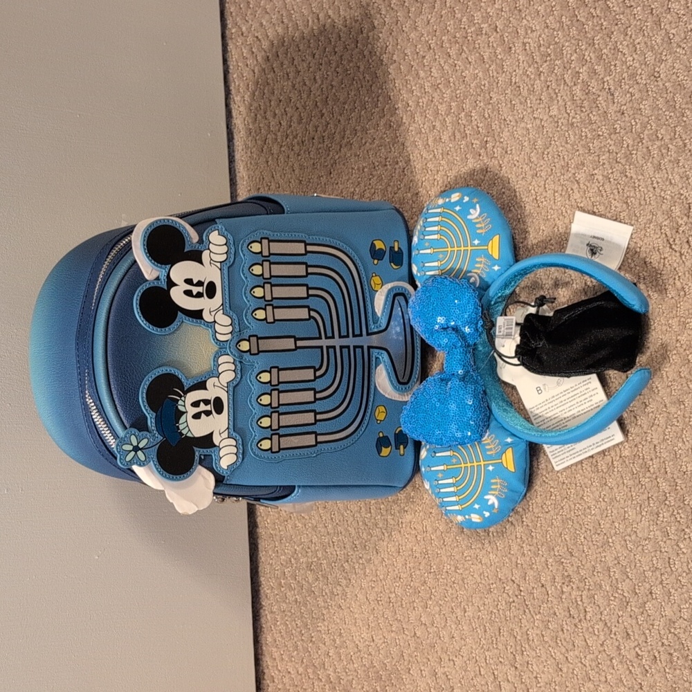 Loungefly Disney Parks Mickey And Minnie Light Up Hanukkah Mini Backpack & Ears